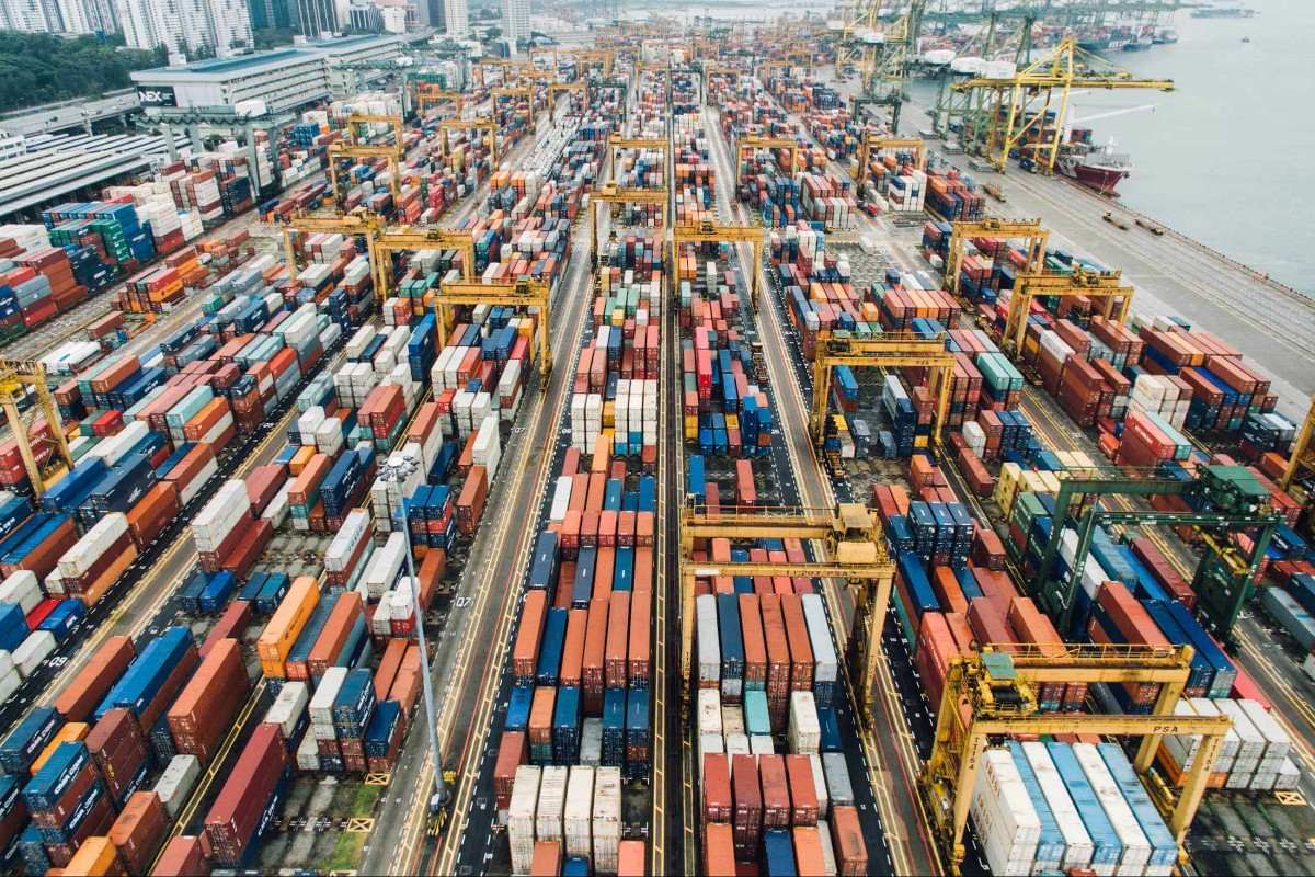 International shipping containers at a global trade port